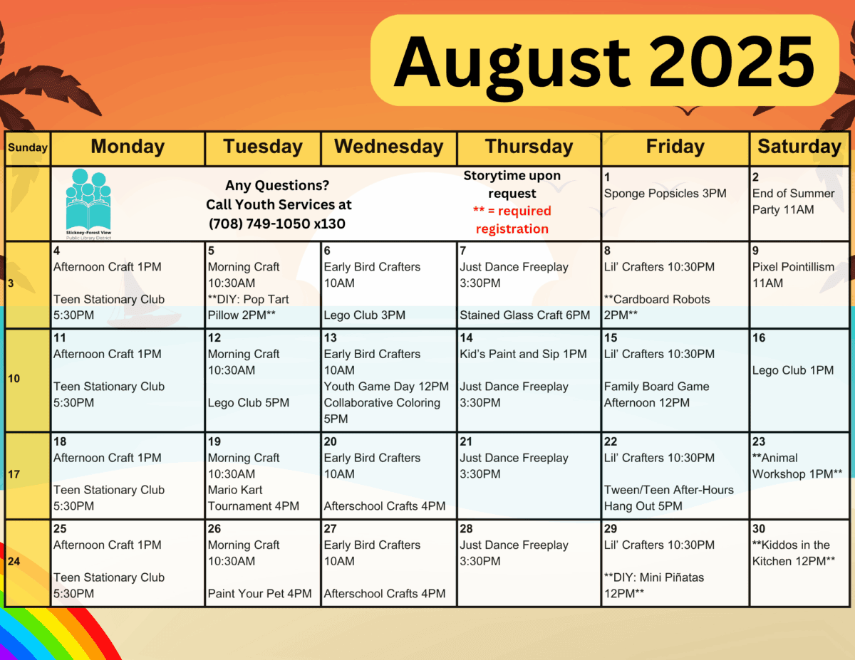a calendar of youth programs for august 2025, listing daily activities such as crafts, clubs, and games, hosted by youth services. contact info and registration details are included.
