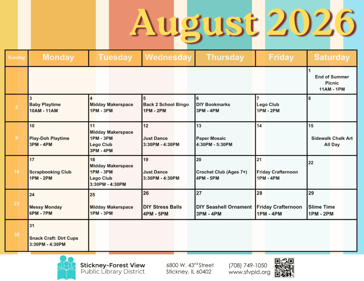 august 2026 library calendar with daily events for all ages, including playtime, crafts, storytime, and an end of summer picnic. event times and dates are listed in a grid format.