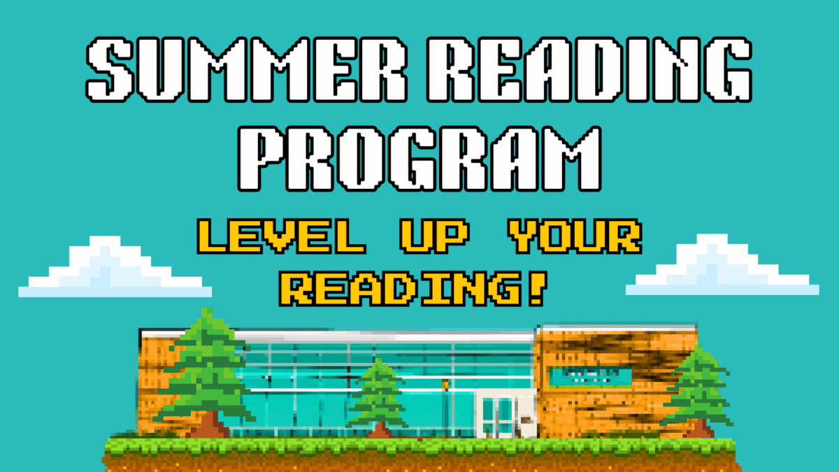pixel art of a library building with trees, clouds, and text reading "summer reading program: level up your reading!" in a video game style.