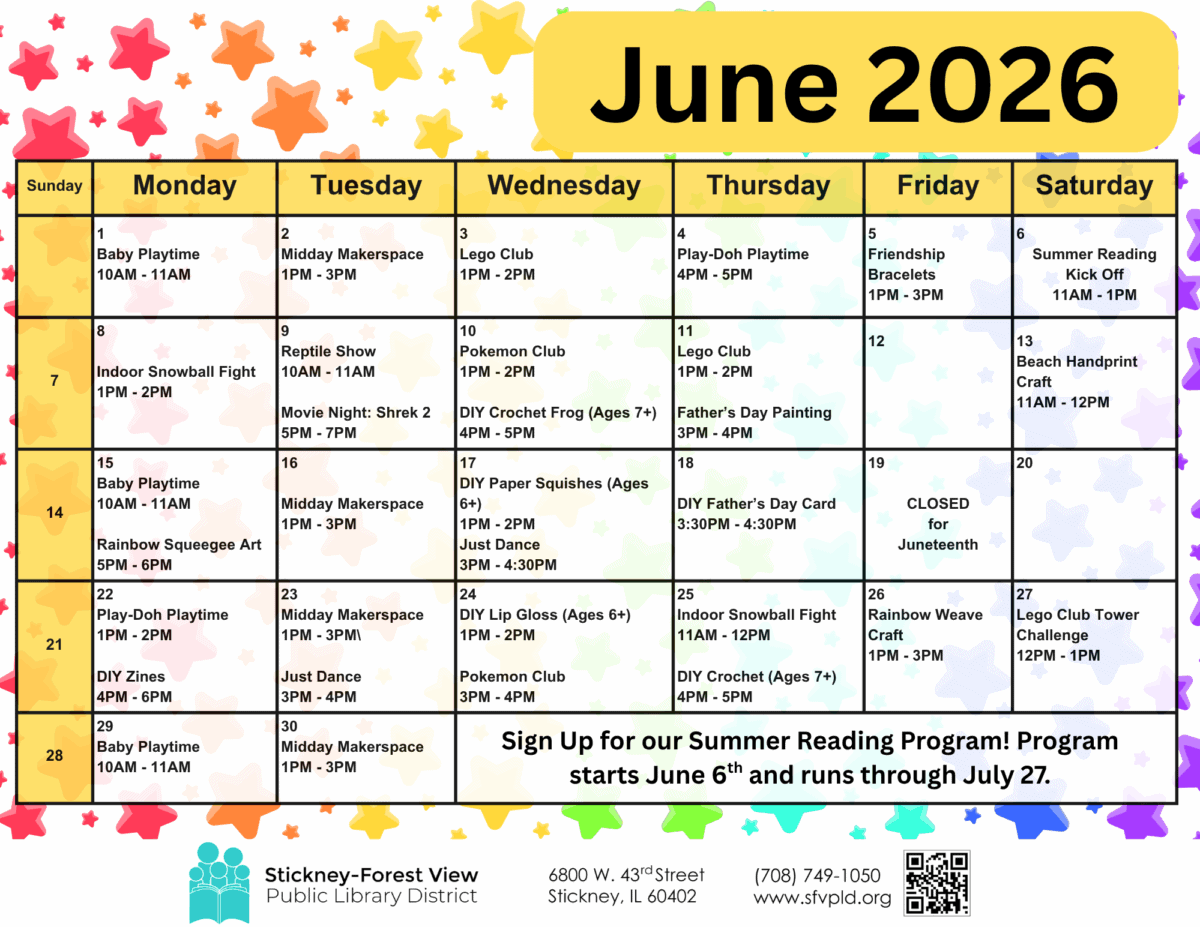 june 2026 calendar of children's events at stickney forest view public library, listing daily activities such as playtime, craft sessions, and special programs.