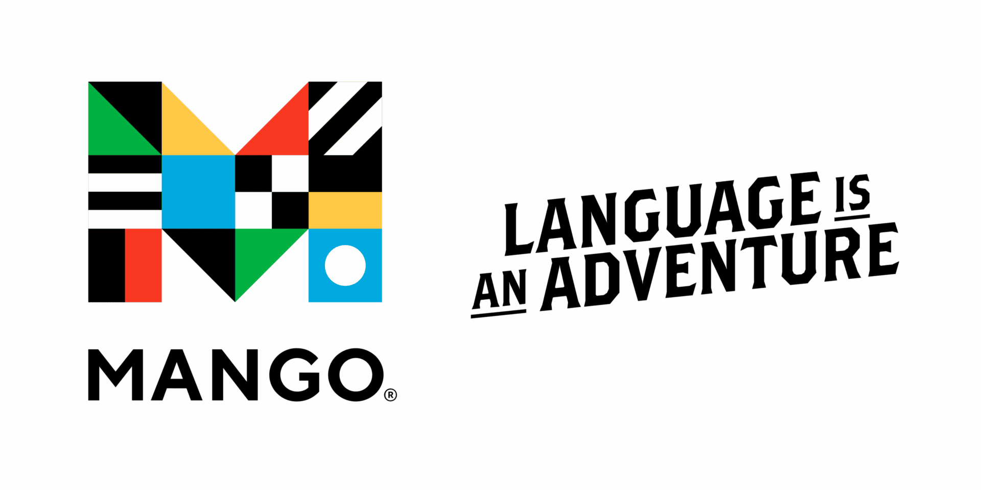 mango logo with a colorful geometric "m" alongside the slogan "language is an adventure" in bold, black text on a white background.