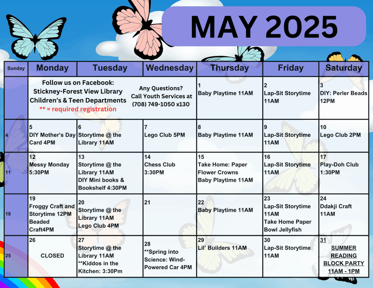 A calendar for May 2025 shows daily events at a library, including story time, clubs, crafts, and special programs for children and families.