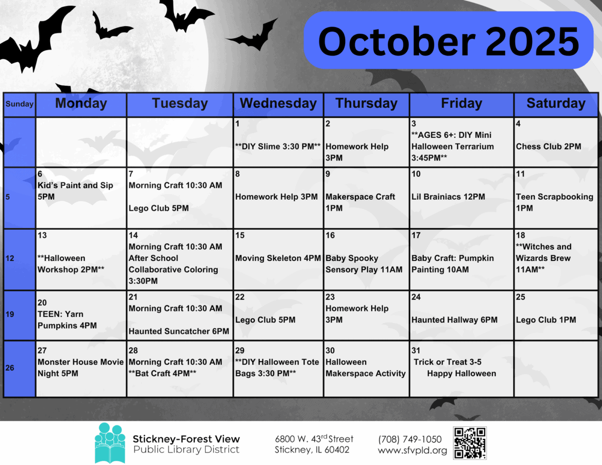 a calendar for october 2025 from stickney forest view public library district lists daily events for children and teens, decorated with bats and a halloween theme.