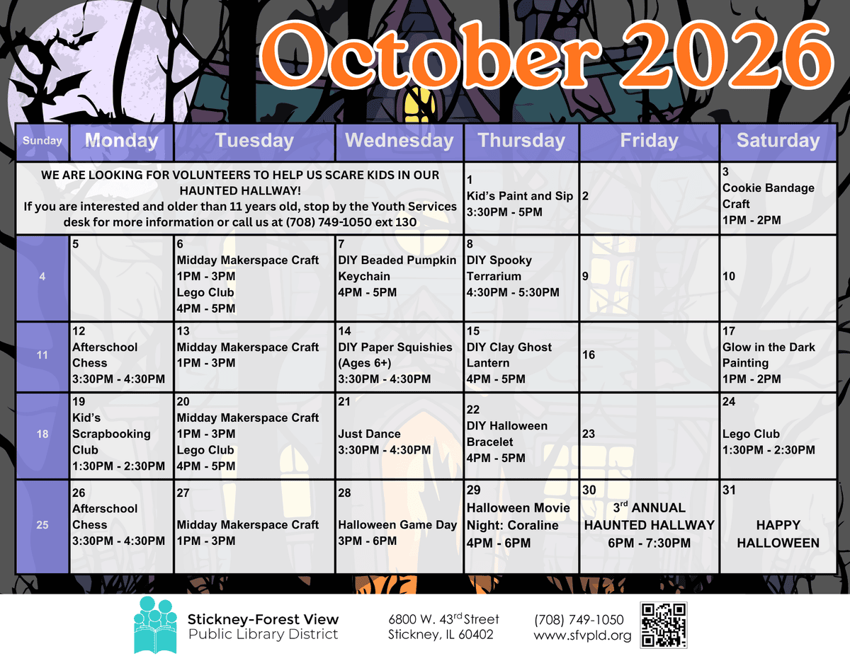october 2026 calendar for the stickney forest view public library, listing daily youth events, crafts, and halloween themed activities.