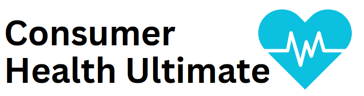 black text "consumer health ultimate" next to a blue heart icon with a white heartbeat line on a white background.