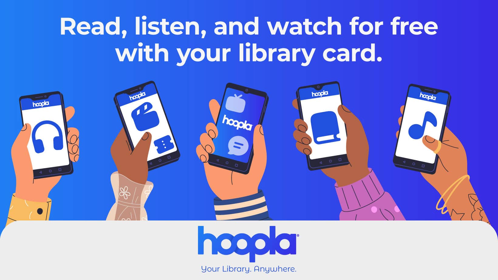 illustration of five diverse hands holding phones showing the hoopla app, with text promoting free reading, listening, and watching with a library card.